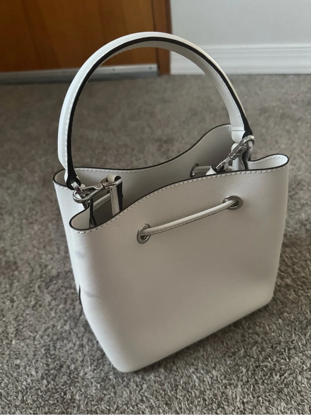 Michael Kors White Saffiano Leather Drawstring Top-Handle Bucket Bag